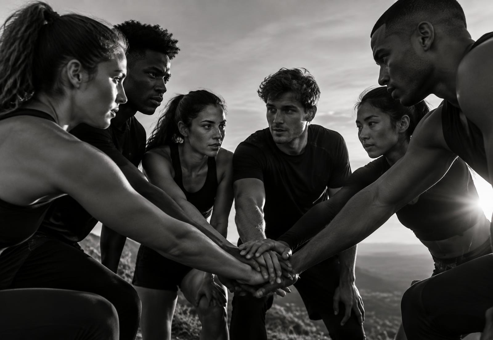 Athletes united in a leadership huddle